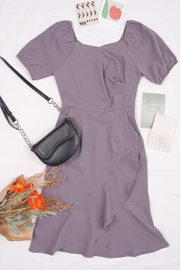 Square Neck Side Pleated Frill Hem Wrap Dress (Grey Purple)